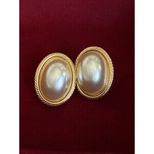 Signed Napier Faux Pearl Gold Tone Weave Clip-Ons Estate Vintage Earrings
